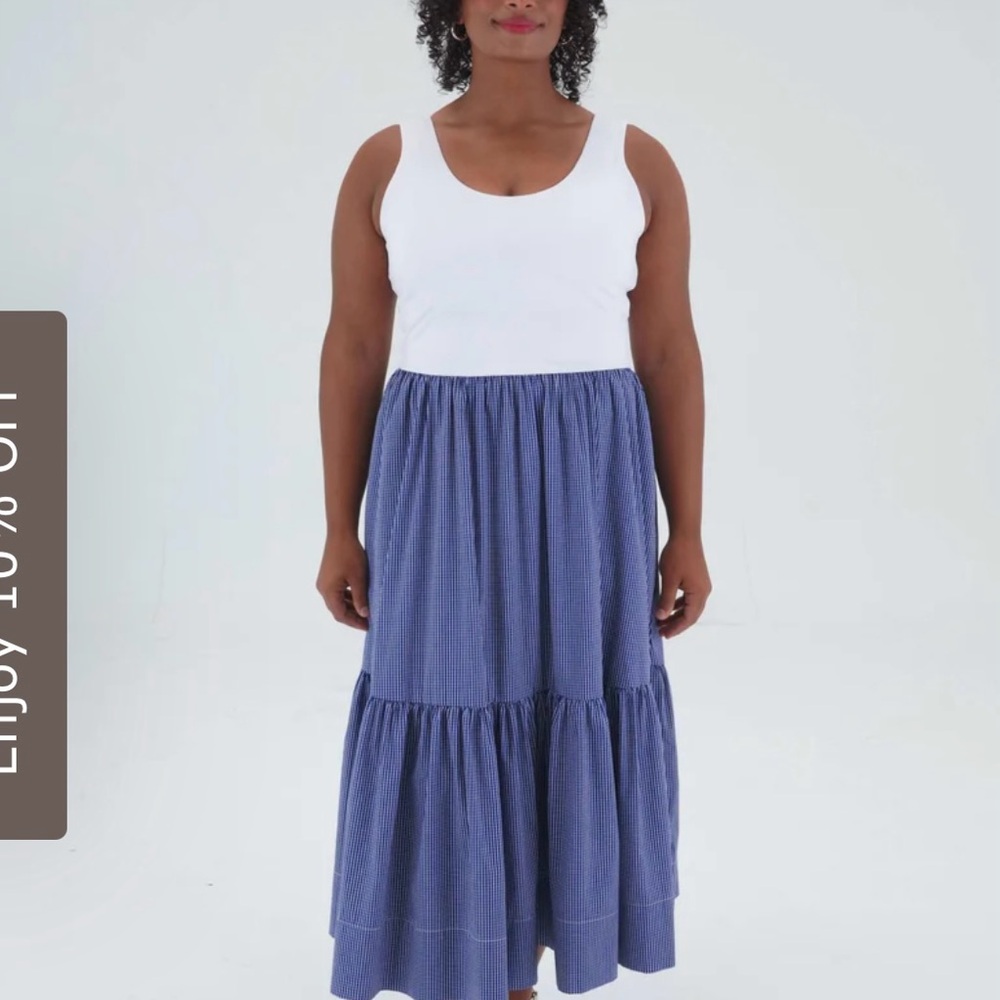 The Daily Dress - white top with navy gingham skirt, size L